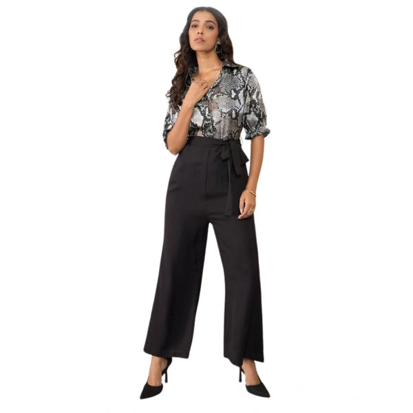 Generic Women's Satin And Polyester Floral Half Sleeves Jumpsuit (Grey - Black)