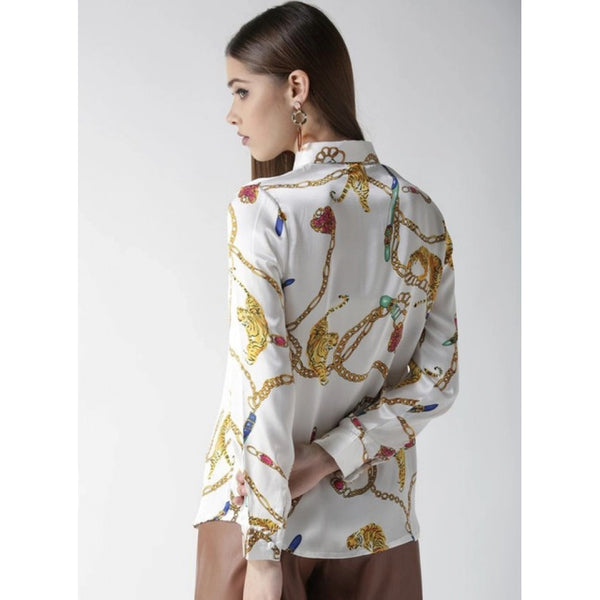 Women's Satin Printed Long Sleeves Shirt (White-Gold)