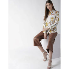 Women's Satin Printed Long Sleeves Shirt (White-Gold)