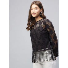 Women's Lace Self Design Short Sleeve Top (Black)