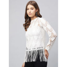 Women's Lace Self Design Short Sleeve Top (White)