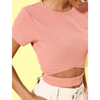 Women's Polyester Lycra Solid Short Sleeve Top (Pink)