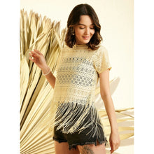 Women's Polyester Lace Self Design Short Sleeve Top (Yellow)