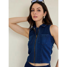 Women's Denim Lycra Solid Sleeveless Top (Blue)
