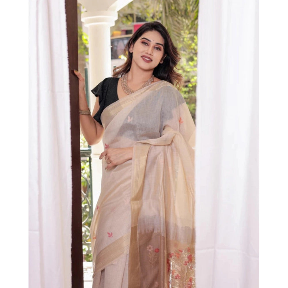 Women's Blended_Cotton Woven_Motifs Saree With Unstitched Blouse 5.5Mtr (Light_Beige)