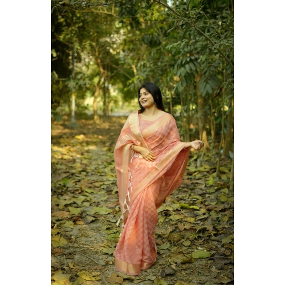Women's Silk_Blend Checked Saree With Unstitched Blouse 5.5Mtr (Peach)