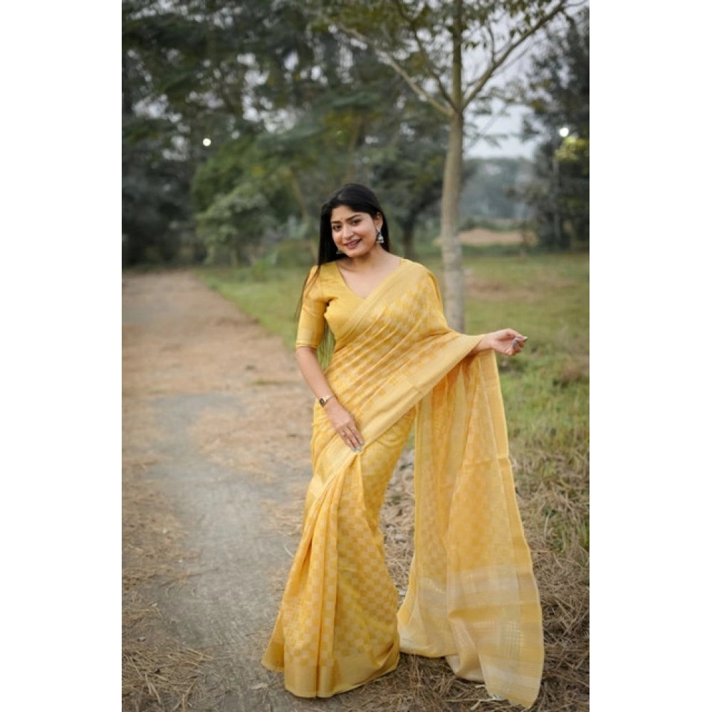 Women's Silk_Blend Checked Saree With Unstitched Blouse 5.5Mtr (Yellow)