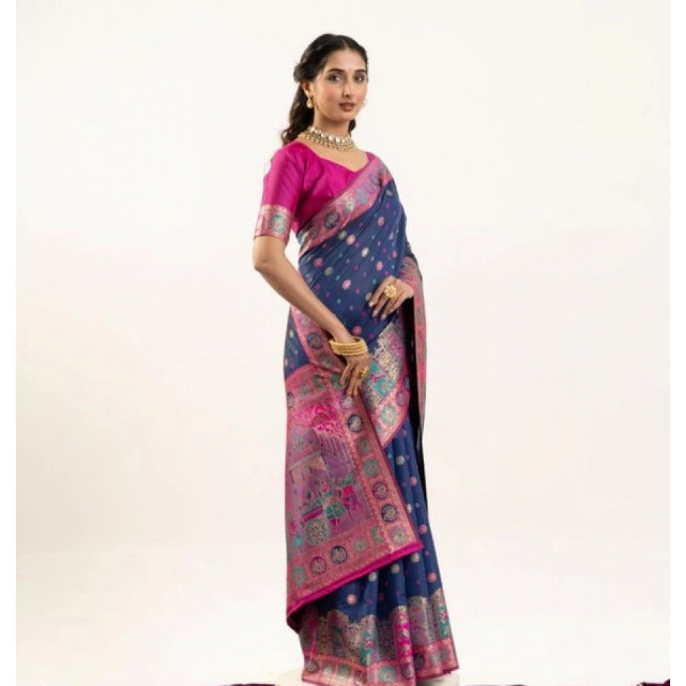 Women's Faux_Banarasi Woven Motifs Saree With Unstitched Blouse 5.5Mtr (Navy_Blue)