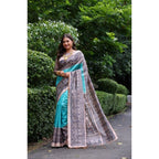 Women's Faux_Tussar Ethnic_Print Saree With Unstitched Blouse 5.5Mtr (Aqua_Blue)