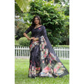 Women's Faux_Tussar Floral Saree With Unstitched Blouse 5.5Mtr (Black)