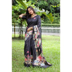 Women's Faux_Tussar Floral Saree With Unstitched Blouse 5.5Mtr (Black)