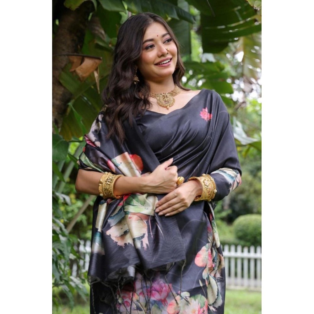 Women's Faux_Tussar Floral Saree With Unstitched Blouse 5.5Mtr (Black)