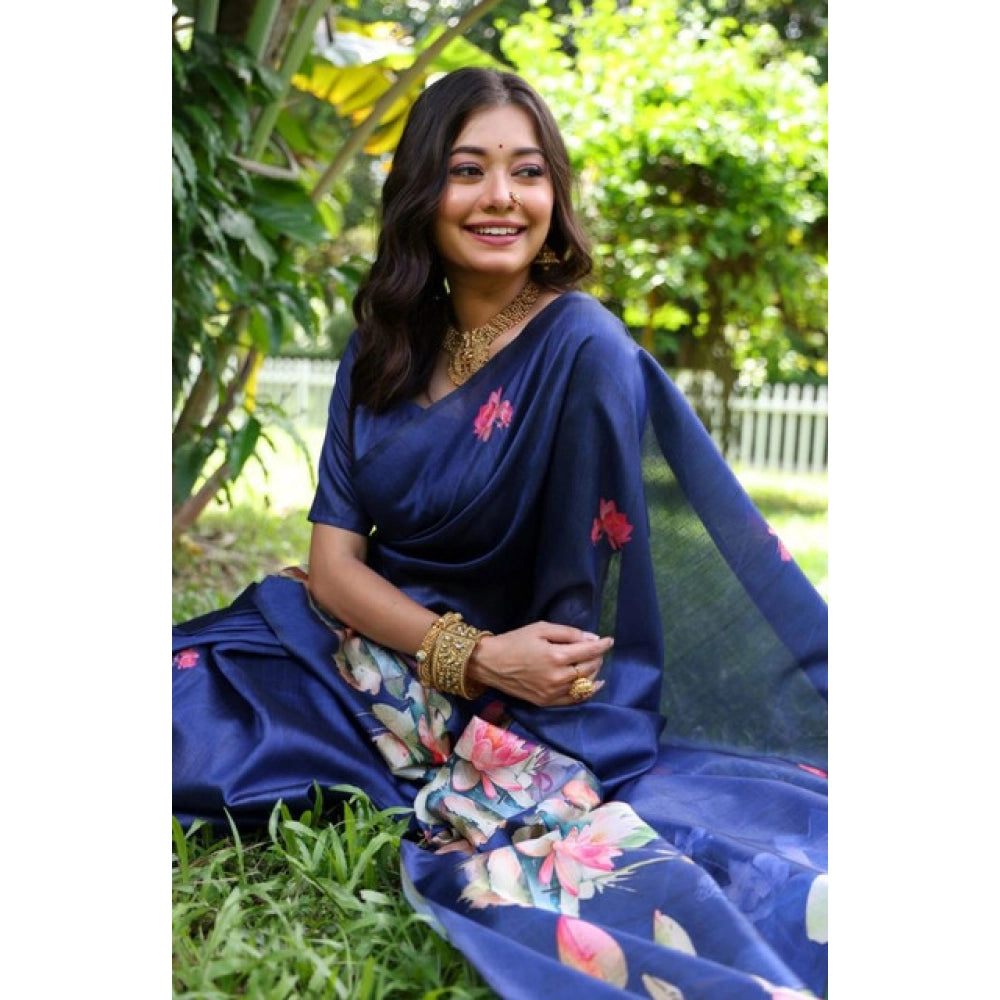 Women's Faux_Tussar Floral Saree With Unstitched Blouse 5.5Mtr (Navy_Blue)