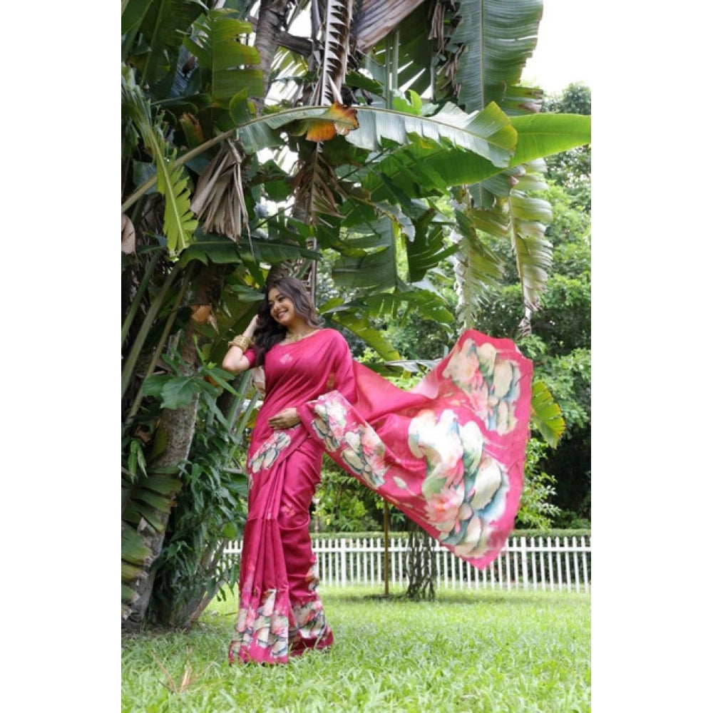 Women's Faux_Tussar Floral Saree With Unstitched Blouse 5.5Mtr (Pink)