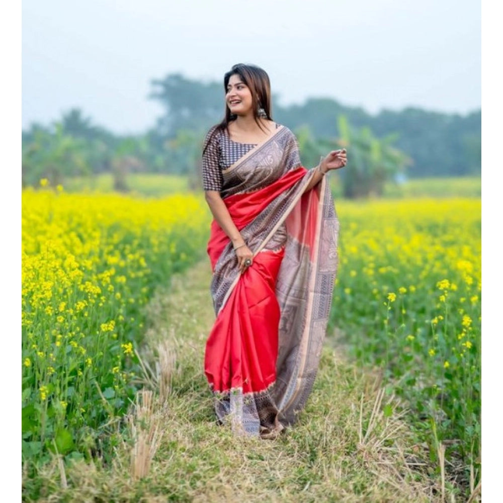 Women's Faux_Tussar Geometric_Print Saree With Unstitched Blouse 5.5Mtr (Pink)