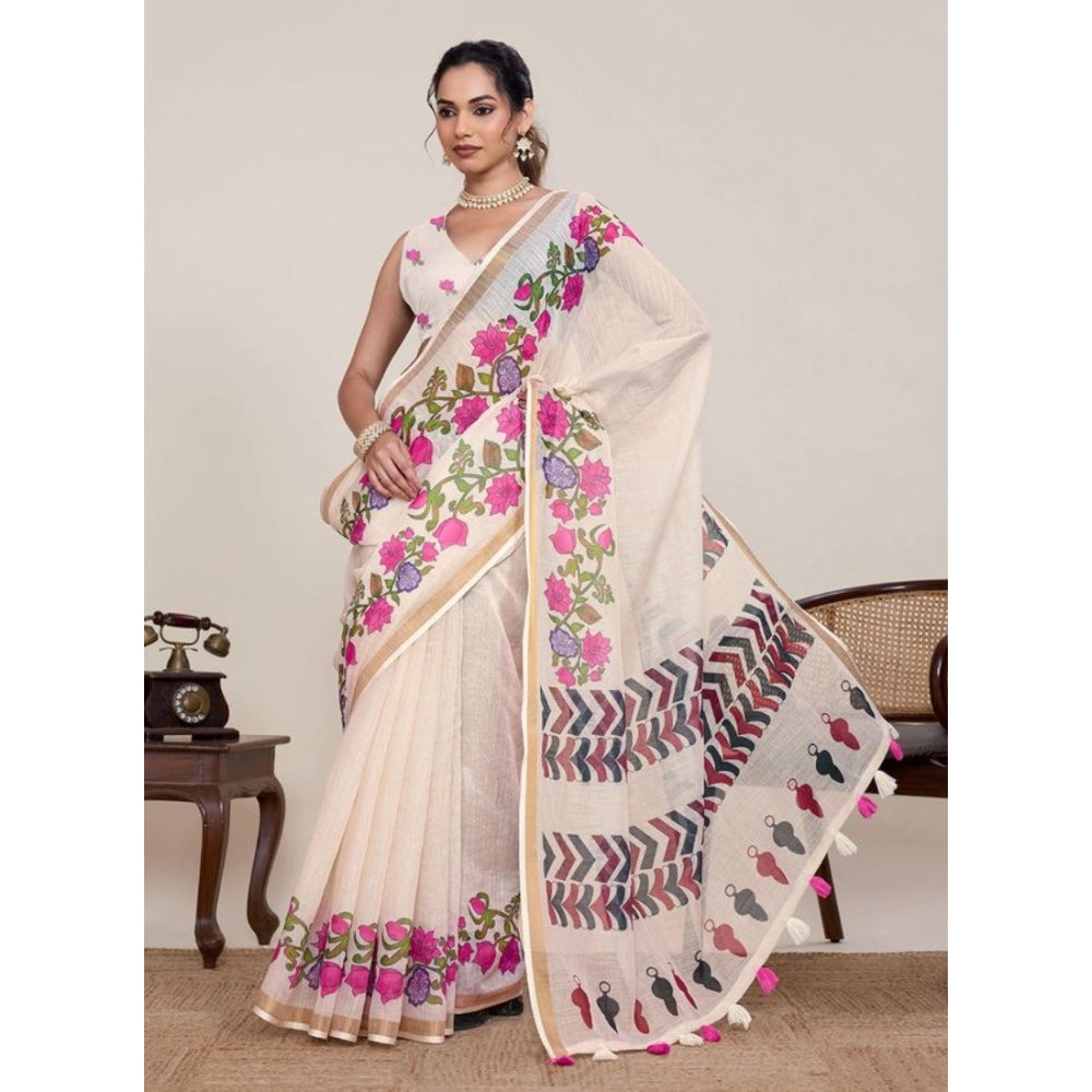 Women's Linen Floral Printed Saree With Unstitched Blouse 5.5Mtr (Cream)