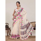 Women's Linen Floral Printed Saree With Unstitched Blouse 5.5Mtr (Cream)