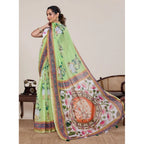 Women's Linen Floral Printed Saree With Unstitched Blouse 5.5Mtr (Light Green)