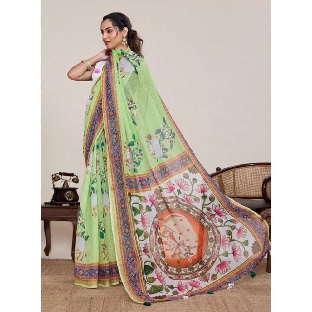 Women's Linen Floral Printed Saree With Unstitched Blouse 5.5Mtr (Light Green)