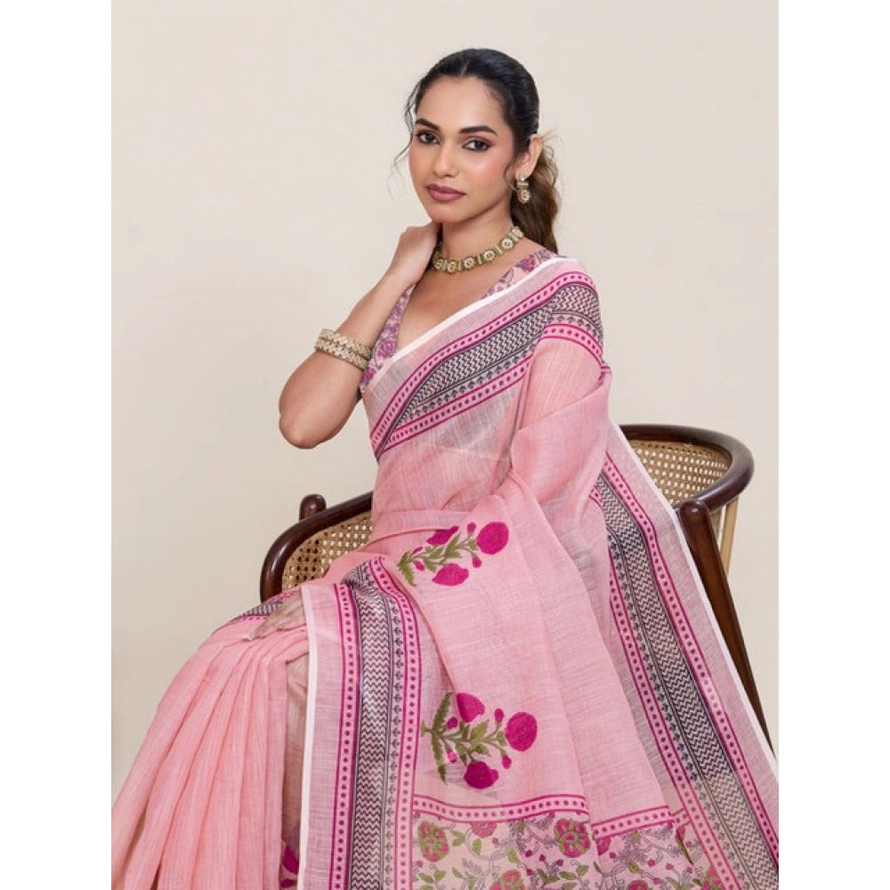 Women's Linen Floral Printed Saree With Unstitched Blouse 5.5Mtr (Pink)