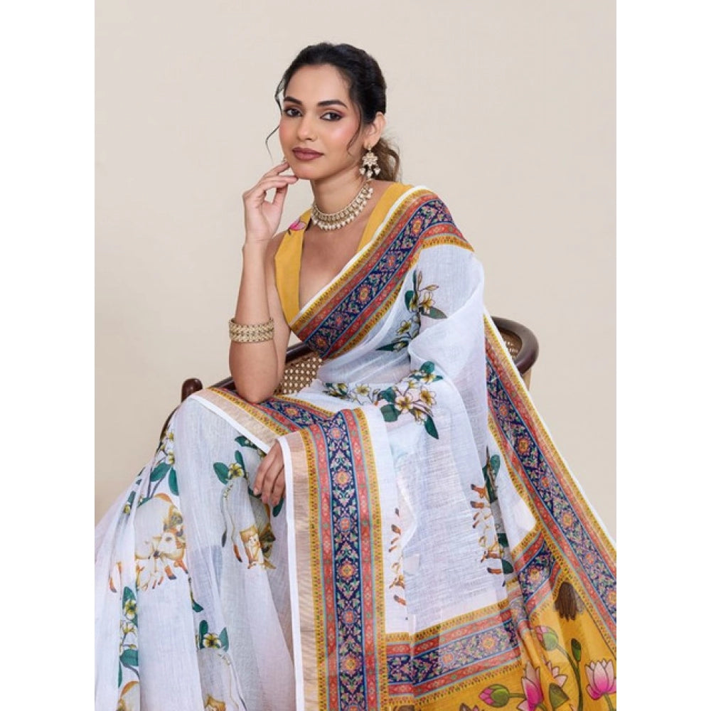 Women's Linen Floral Printed Saree With Unstitched Blouse 5.5Mtr (White)