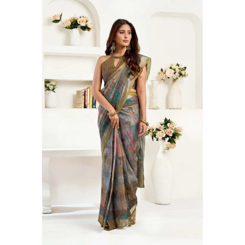 Women's Faux Linen Printed Ready to wear Saree With Unstitched Blouse 5.5Mtr (Multicolor)