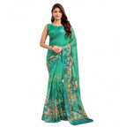 Women's Faux Linen Floral Ready to wear Saree With Unstitched Blouse 5.5Mtr (Green)