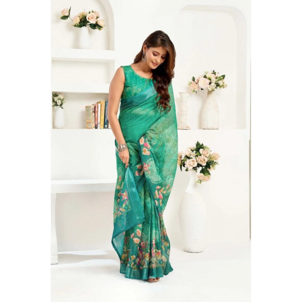 Women's Faux Linen Floral Ready to wear Saree With Unstitched Blouse 5.5Mtr (Green)
