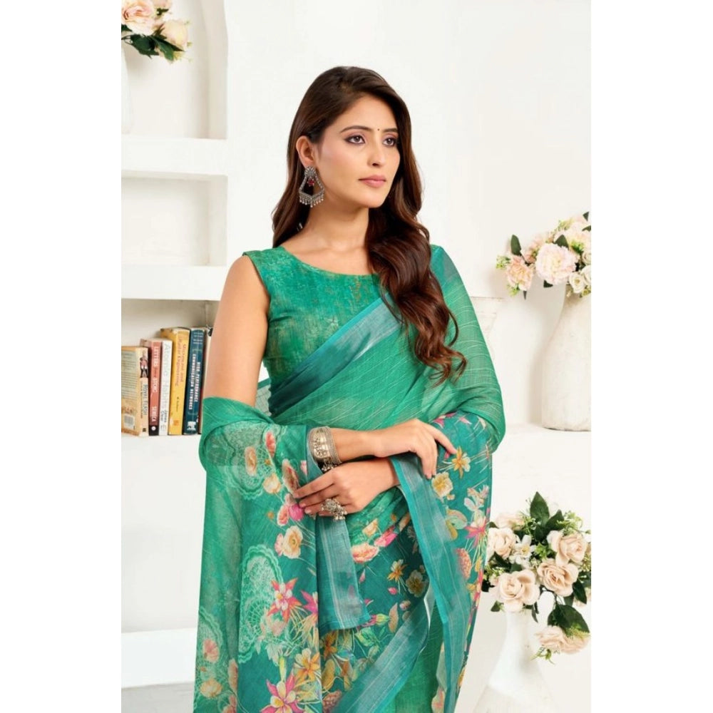 Women's Faux Linen Floral Ready to wear Saree With Unstitched Blouse 5.5Mtr (Green)