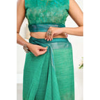 Women's Faux Linen Floral Ready to wear Saree With Unstitched Blouse 5.5Mtr (Green)