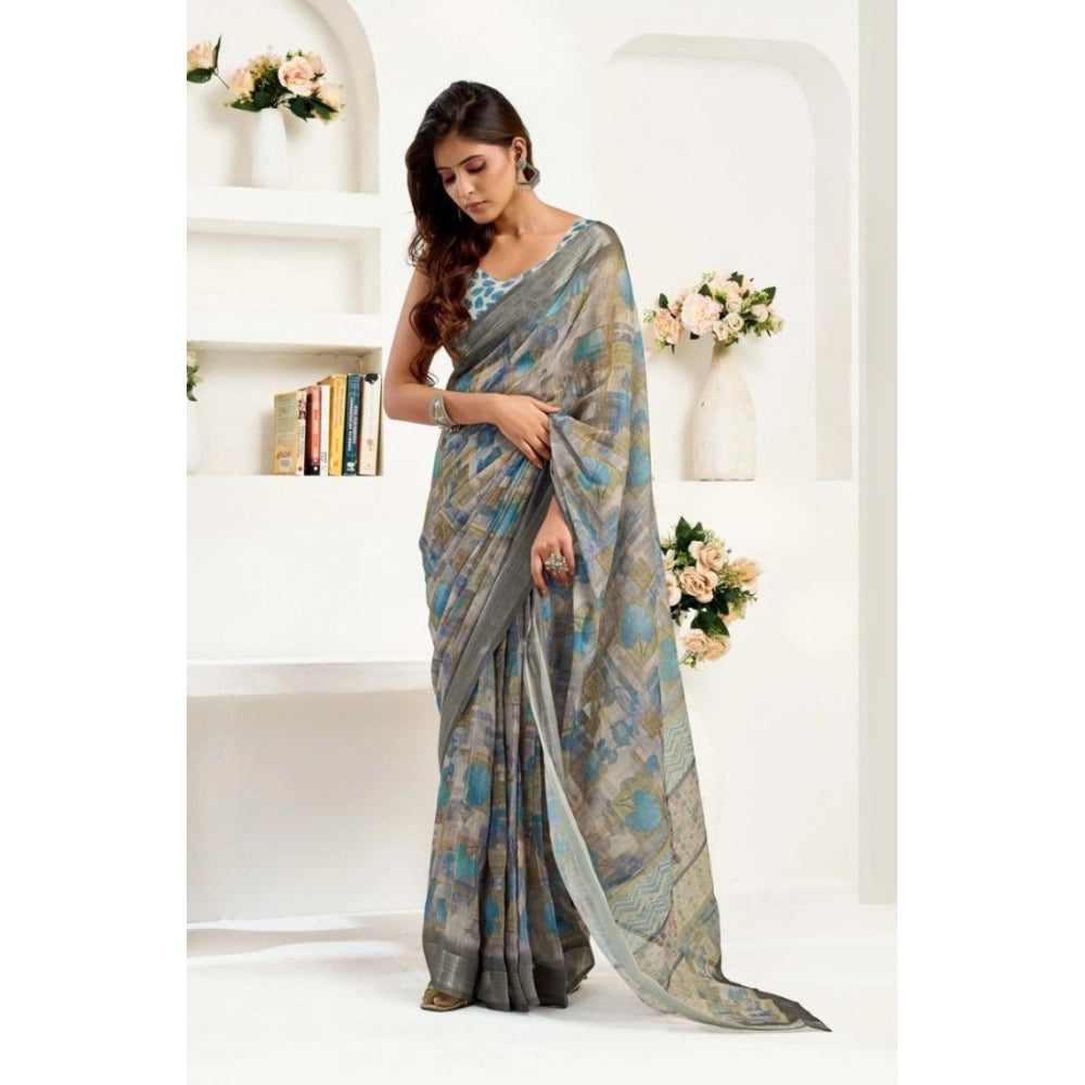 Women's Faux Linen Abstract Print Ready to wear Saree With Unstitched Blouse 5.5Mtr (Grey)