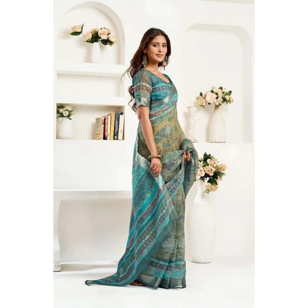 Women's Faux Linen Printed Ready to wear Saree With Unstitched Blouse 5.5Mtr (Multicolor)