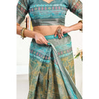 Women's Faux Linen Printed Ready to wear Saree With Unstitched Blouse 5.5Mtr (Multicolor)