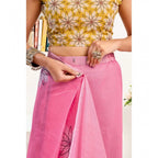 Women's Faux Linen Floral Print Ready to wear Saree With Unstitched Blouse 5.5Mtr (Pink)
