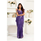 Women's Faux Linen Geometric Print Ready to wear Saree With Unstitched Blouse 5.5Mtr (Purple)