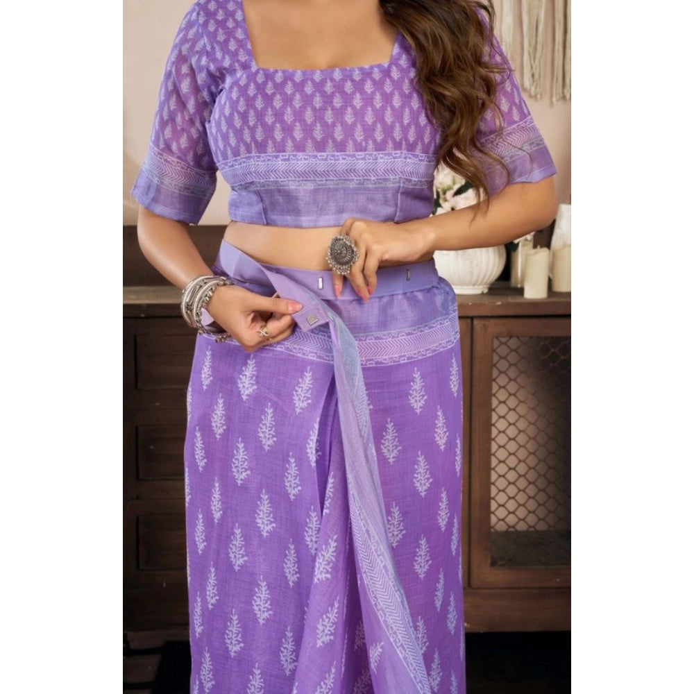 Women's Faux Linen Floral Ready to wear Saree With Unstitched Blouse 5.5Mtr (Lavender)