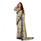 Women's Faux Linen Floral Print Ready to wear Saree With Unstitched Blouse 5.5Mtr (LightBeige)