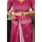Women's Faux Linen Floral Print Ready to wear Saree With Unstitched Blouse 5.5Mtr (Pink)