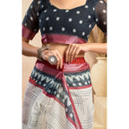 Women's Faux Linen Floral Print Ready to wear Saree With Unstitched Blouse 5.5Mtr (OffWhite)