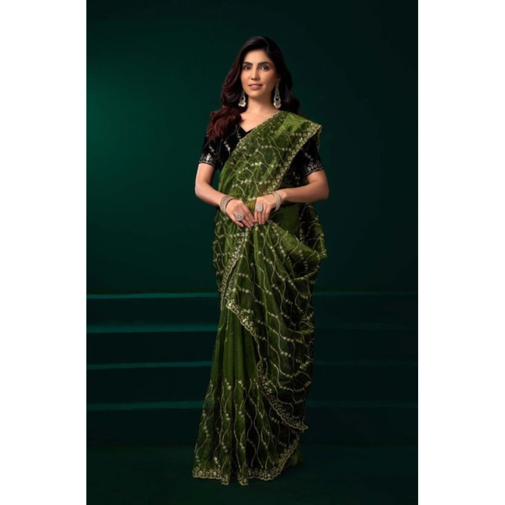 Women's Net Sequence Saree With Unstitched Blouse 5.5Mtr (Light Green)