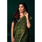 Women's Net Sequence Saree With Unstitched Blouse 5.5Mtr (Light Green)