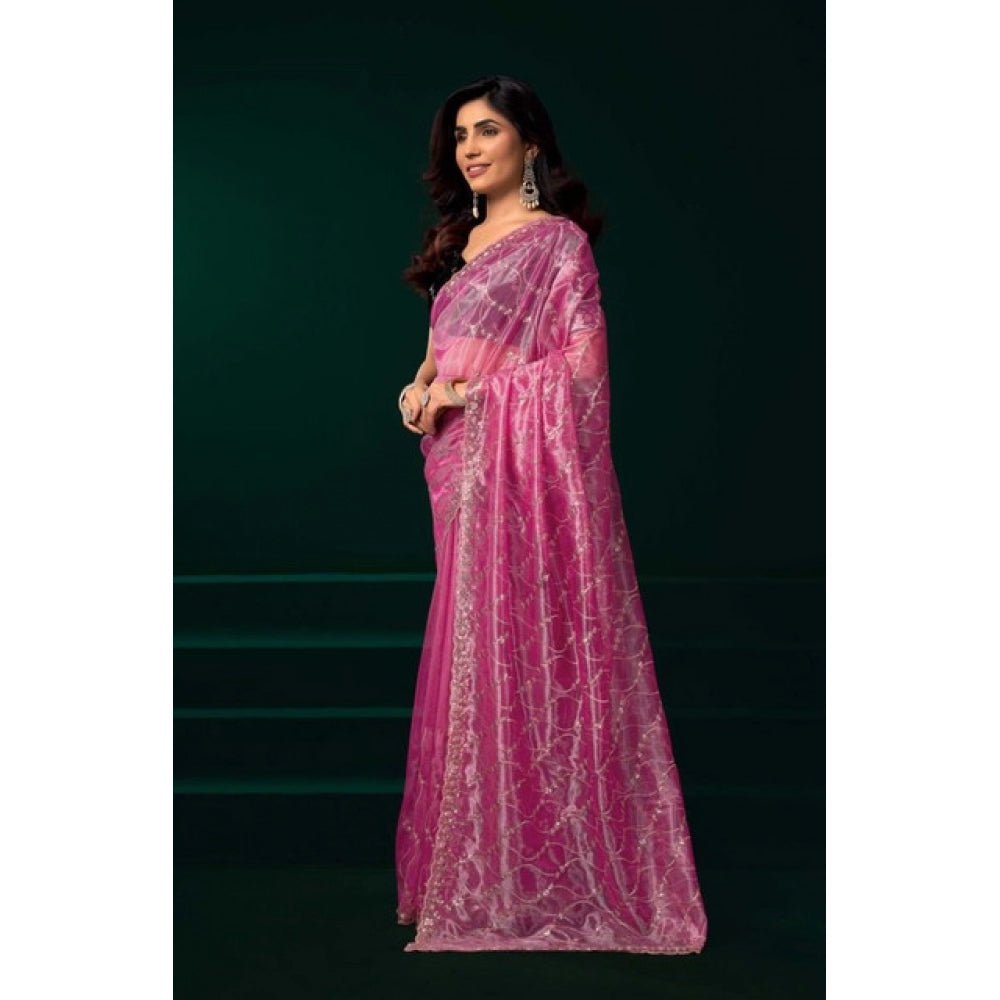 Women's Net Sequence Saree With Unstitched Blouse 5.5Mtr (Light Pink)