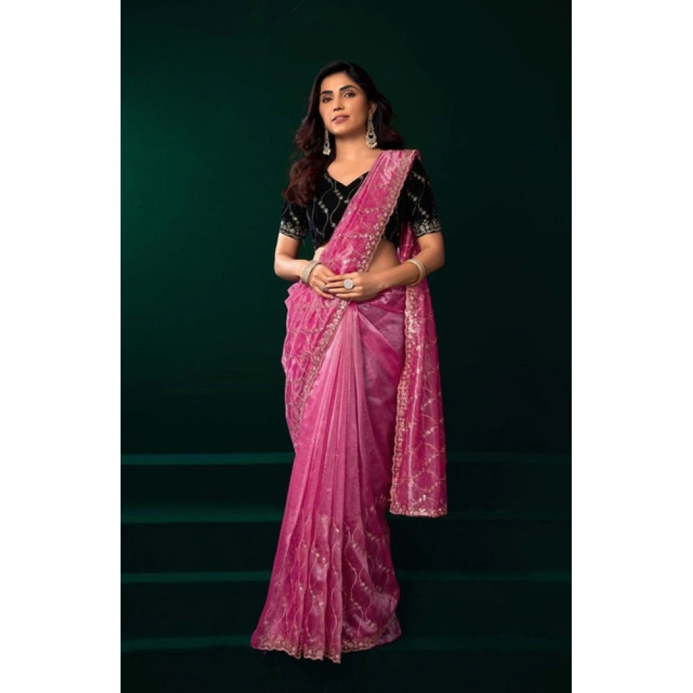 Women's Net Sequence Saree With Unstitched Blouse 5.5Mtr (Light Pink)