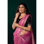 Women's Net Sequence Saree With Unstitched Blouse 5.5Mtr (Light Pink)