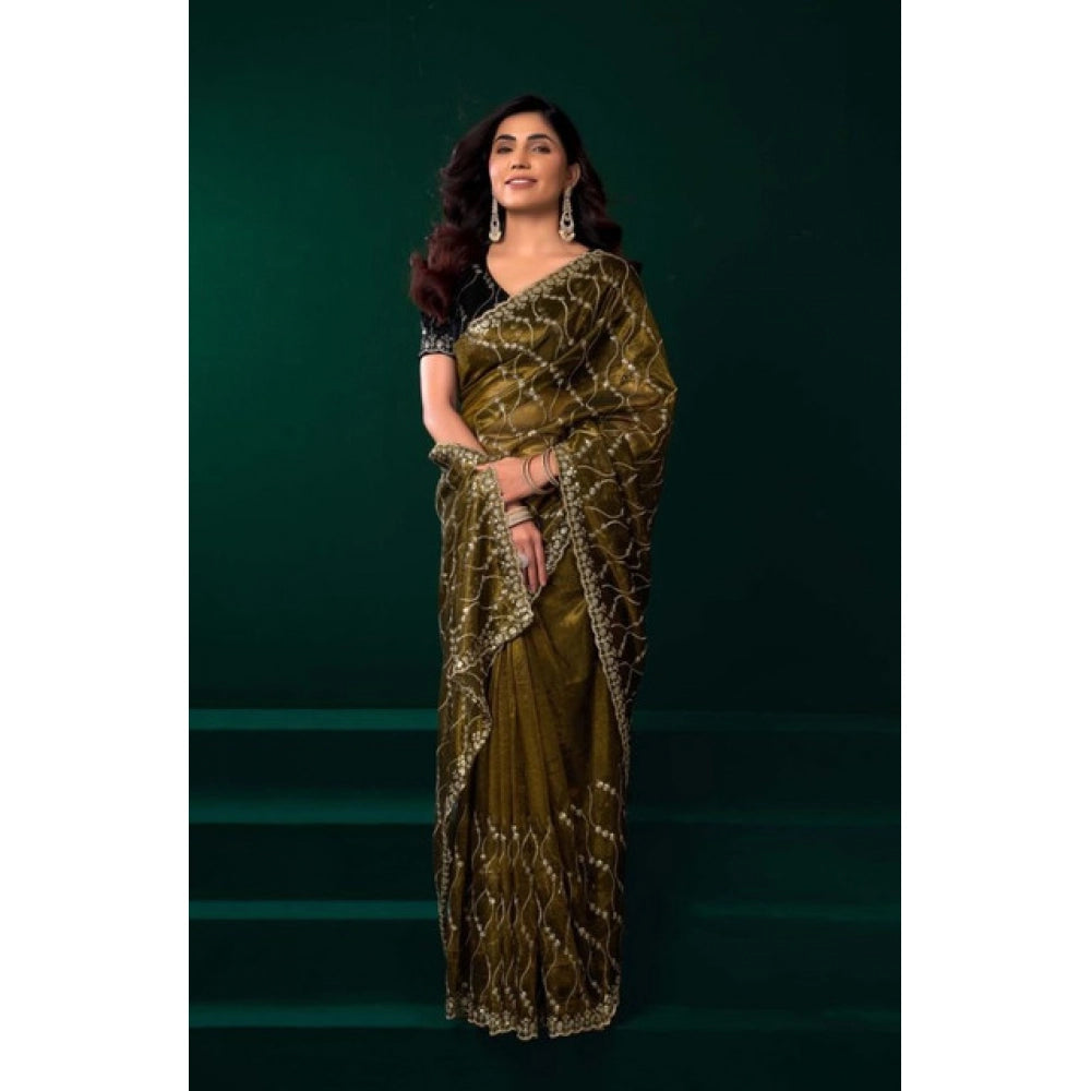 Women's Net Sequence Saree With Unstitched Blouse 5.5Mtr (Mahendi)