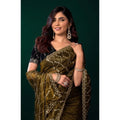Women's Net Sequence Saree With Unstitched Blouse 5.5Mtr (Mahendi)