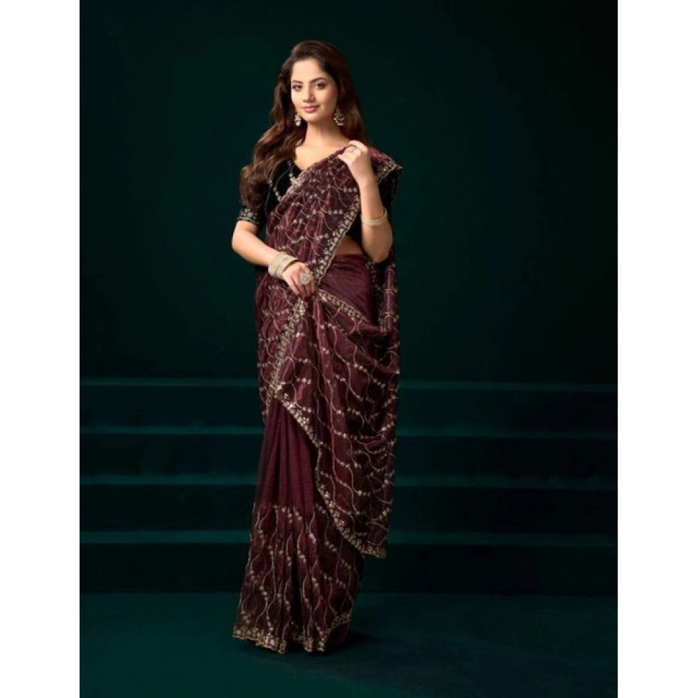 Women's Net Sequence Saree With Unstitched Blouse 5.5Mtr (Maroon)