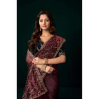 Women's Net Sequence Saree With Unstitched Blouse 5.5Mtr (Maroon)