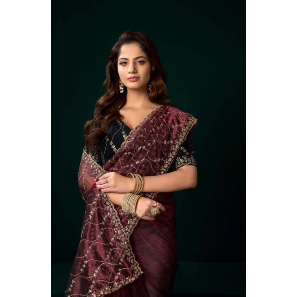 Women's Net Sequence Saree With Unstitched Blouse 5.5Mtr (Maroon)