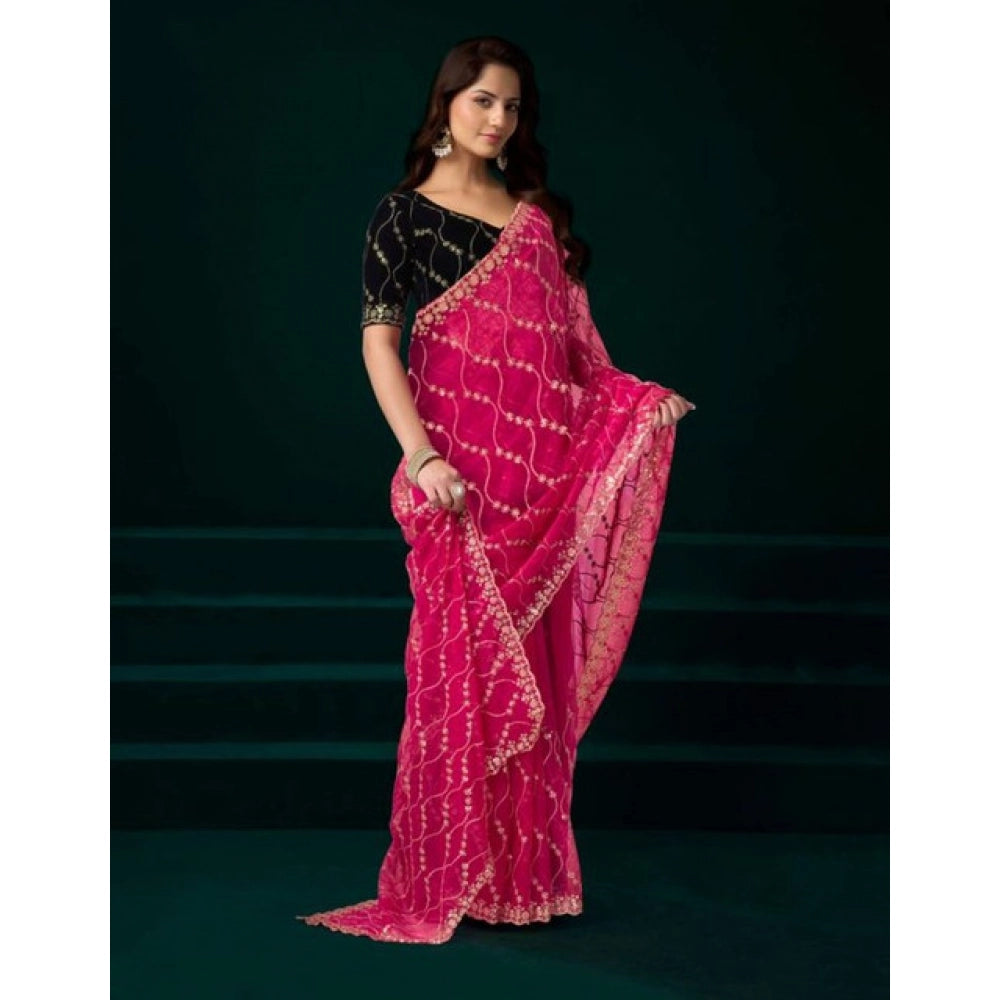 Women's Net Sequence Saree With Unstitched Blouse 5.5Mtr (Pink)